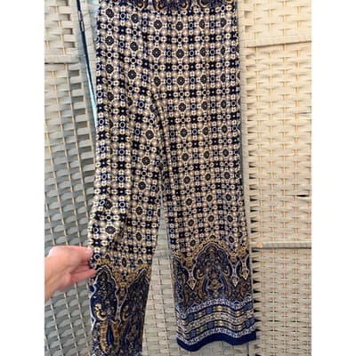 ROZ & ALI Wide Leg Palazzo Pants L Navy Gold Print Elastic Waistband Tie Detail - Thumbnail 9