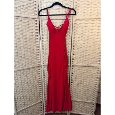 Jump Apparel Ruched Maxi Formal Dress 9/10 Red Scrappy Lace Up Criss Cross Back