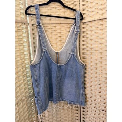 Women’s Denim Mini Dress Light Wash Sleeveless Frayed Hem Overall Style Large - Thumbnail 10