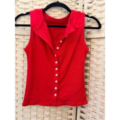 Women's Button Up Ribbed Details Tank Top S Red Scoop Neckline Sleeveless - Thumbnail 2