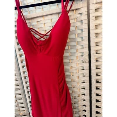 Jump Apparel Ruched Maxi Formal Dress 9/10 Red Scrappy Lace Up Criss Cross Back - Thumbnail 7