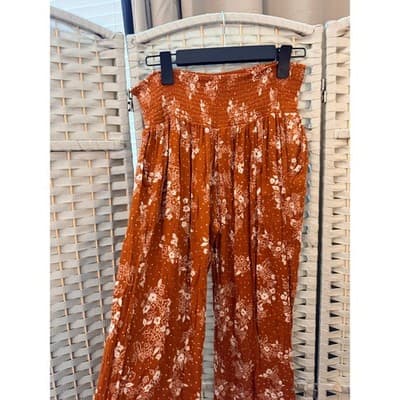 Three Dots Burnt Orange Floral Wide Leg Pants Small Boho Pull On Elastic Waist - Thumbnail 10
