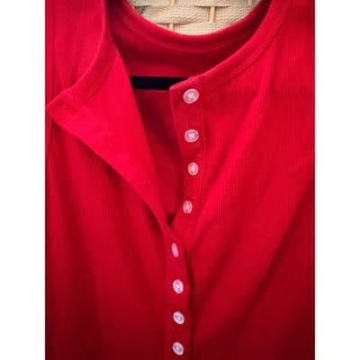 Women's Button Up Ribbed Details Tank Top S Red Scoop Neckline Sleeveless - Thumbnail 6