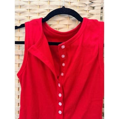Women's Button Up Ribbed Details Tank Top S Red Scoop Neckline Sleeveless - Thumbnail 8