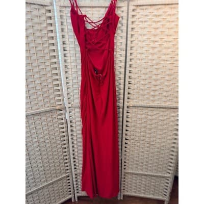Jump Apparel Ruched Maxi Formal Dress 9/10 Red Scrappy Lace Up Criss Cross Back - Thumbnail 14