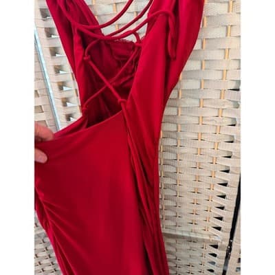 Jump Apparel Ruched Maxi Formal Dress 9/10 Red Scrappy Lace Up Criss Cross Back - Thumbnail 17