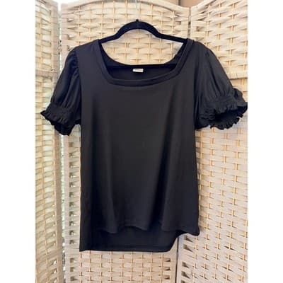 MISIFI Women's Square Neck Ruched Puff Short Sleeve Casual Blouse Black M - Thumbnail 2