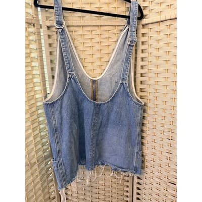 Women’s Denim Mini Dress Light Wash Sleeveless Frayed Hem Overall Style Large - Thumbnail 9