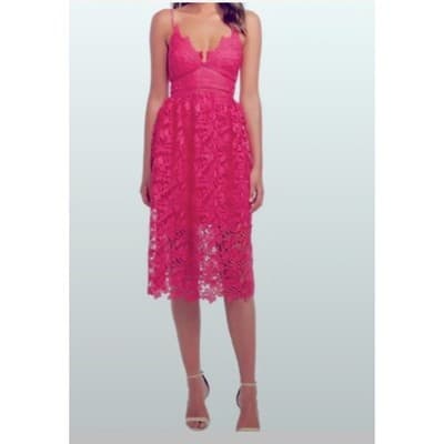 Bardot Roxy Lace Eyelet Midi Dress XL/12 Hot Pink Fit Flare Spaghetti Strap NWT