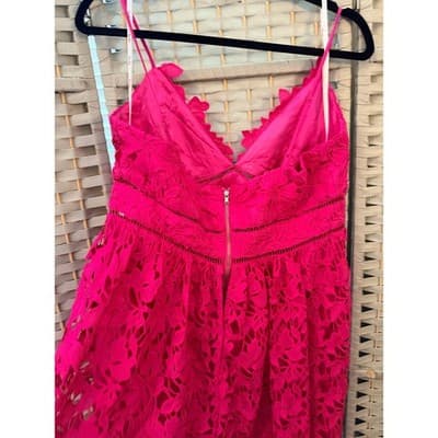Bardot Roxy Lace Eyelet Midi Dress XL/12 Hot Pink Fit Flare Spaghetti Strap NWT - Thumbnail 15