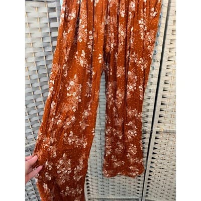 Three Dots Burnt Orange Floral Wide Leg Pants Small Boho Pull On Elastic Waist - Thumbnail 9