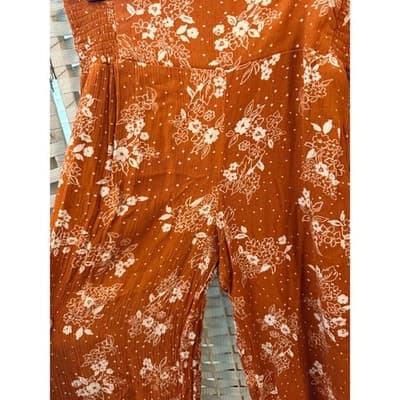 Three Dots Burnt Orange Floral Wide Leg Pants Small Boho Pull On Elastic Waist - Thumbnail 7