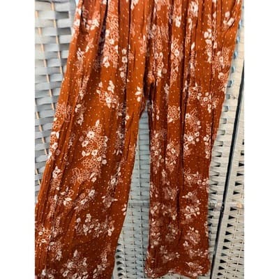Three Dots Burnt Orange Floral Wide Leg Pants Small Boho Pull On Elastic Waist - Thumbnail 8