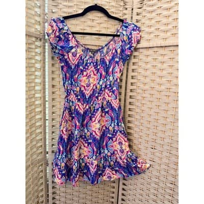 Lily Rose Floral Boho Mini Dress Purple Pink Off Shoulder Fit Flare XS - Thumbnail 2
