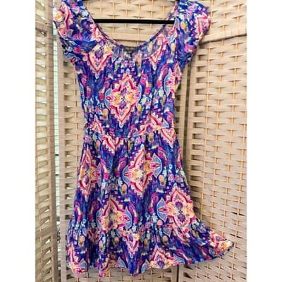 Lily Rose Floral Boho Mini Dress Purple Pink Off Shoulder Fit Flare XS - Thumbnail 3