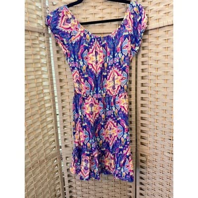Lily Rose Floral Boho Mini Dress Purple Pink Off Shoulder Fit Flare XS - Thumbnail 11