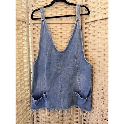 Women’s Denim Mini Dress Light Wash Sleeveless Frayed Hem Overall Style Large - Thumbnail 2