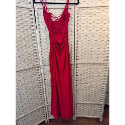 Jump Apparel Ruched Maxi Formal Dress 9/10 Red Scrappy Lace Up Criss Cross Back - Thumbnail 13