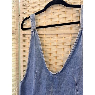 Women’s Denim Mini Dress Light Wash Sleeveless Frayed Hem Overall Style Large - Thumbnail 8