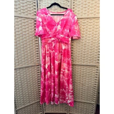SHEIN Pink Floral Maxi Dress Women’s XL Empire Waist Flutter Sleeve Boho