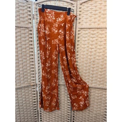 Three Dots Burnt Orange Floral Wide Leg Pants Small Boho Pull On Elastic Waist - Thumbnail 2