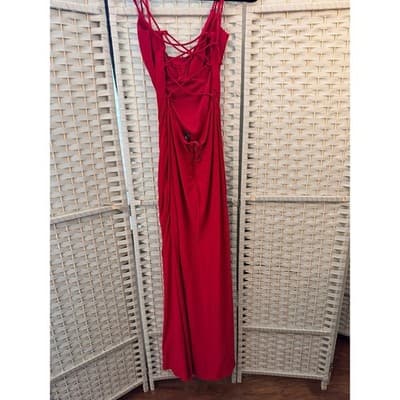 Jump Apparel Ruched Maxi Formal Dress 9/10 Red Scrappy Lace Up Criss Cross Back - Thumbnail 12
