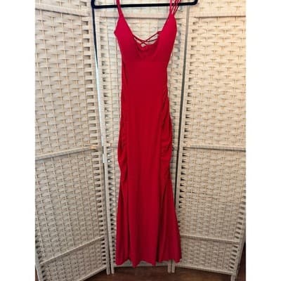 Jump Apparel Ruched Maxi Formal Dress 9/10 Red Scrappy Lace Up Criss Cross Back - Thumbnail 2
