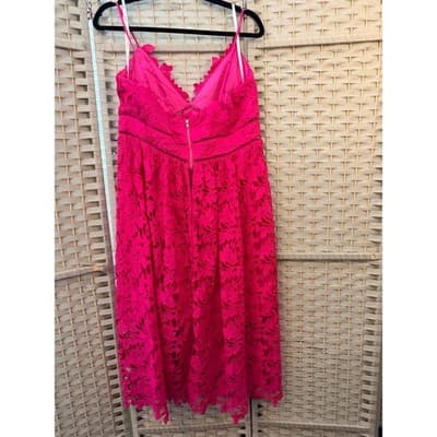 Bardot Roxy Lace Eyelet Midi Dress XL/12 Hot Pink Fit Flare Spaghetti Strap NWT - Thumbnail 12