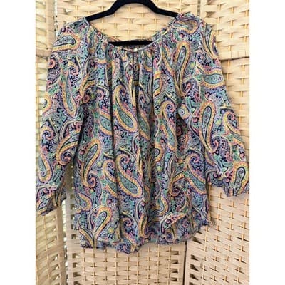 American Living Paisley Print Peasant Blouse Multicolor L Three Quarter Sleeve - Thumbnail 2