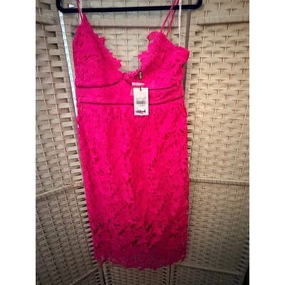 Bardot Roxy Lace Eyelet Midi Dress XL/12 Hot Pink Fit Flare Spaghetti Strap NWT - Thumbnail 17