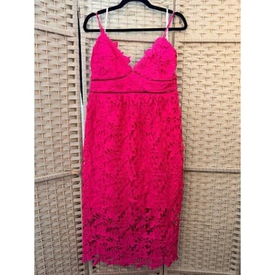 Bardot Roxy Lace Eyelet Midi Dress XL/12 Hot Pink Fit Flare Spaghetti Strap NWT - Thumbnail 3