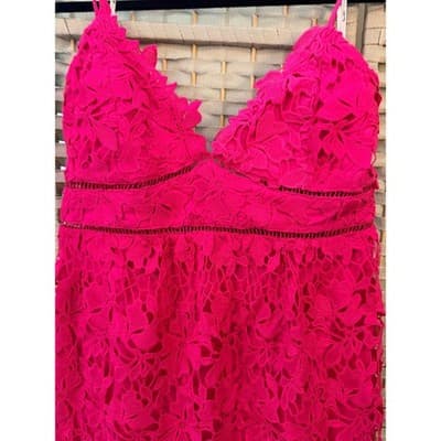Bardot Roxy Lace Eyelet Midi Dress XL/12 Hot Pink Fit Flare Spaghetti Strap NWT - Thumbnail 4