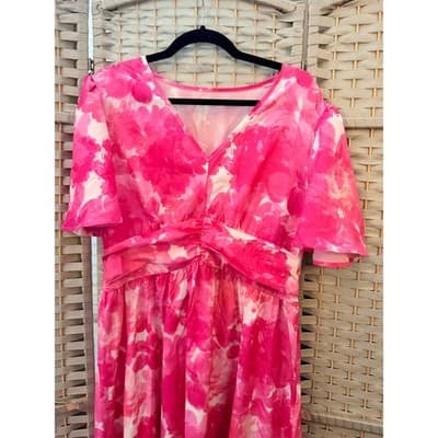 SHEIN Pink Floral Maxi Dress Women’s XL Empire Waist Flutter Sleeve Boho - Thumbnail 4