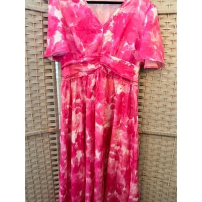SHEIN Pink Floral Maxi Dress Women’s XL Empire Waist Flutter Sleeve Boho - Thumbnail 3