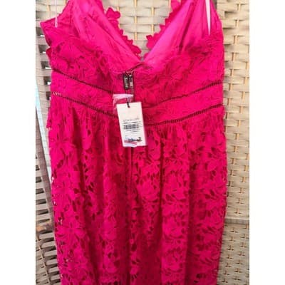Bardot Roxy Lace Eyelet Midi Dress XL/12 Hot Pink Fit Flare Spaghetti Strap NWT - Thumbnail 16