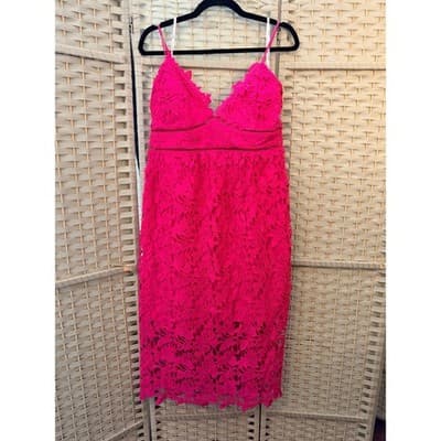 Bardot Roxy Lace Eyelet Midi Dress XL/12 Hot Pink Fit Flare Spaghetti Strap NWT - Thumbnail 2
