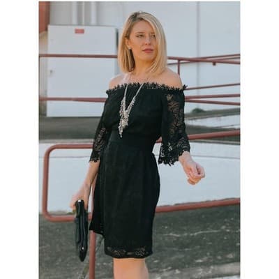 MIHOLL Off The Shoulder Lace Shift Loose Mini Dress Black L Flowy Straight Cut