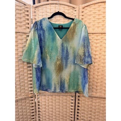Jm Collection Elbow Length Flutter Sleeve Printed Blouse XL Blue Toned Printed