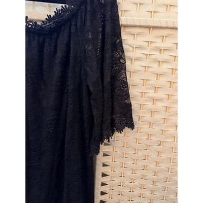 MIHOLL Off The Shoulder Lace Shift Loose Mini Dress Black L Flowy Straight Cut - Thumbnail 6