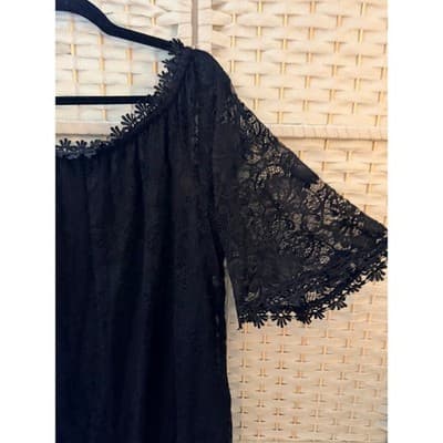 MIHOLL Off The Shoulder Lace Shift Loose Mini Dress Black L Flowy Straight Cut - Thumbnail 15