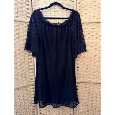 MIHOLL Off The Shoulder Lace Shift Loose Mini Dress Black L Flowy Straight Cut - Thumbnail 4