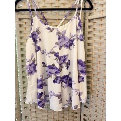 SHEIN Floral Spaghetti Strap Tank Top White Lilac Purple Flowy Women’s Large - Thumbnail 2
