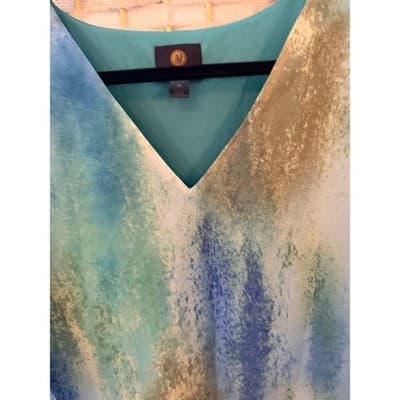 Jm Collection Elbow Length Flutter Sleeve Printed Blouse XL Blue Toned Printed - Thumbnail 4