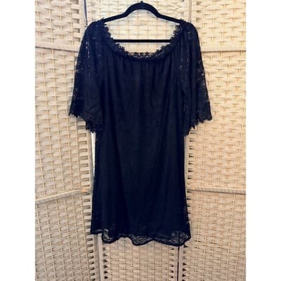 MIHOLL Off The Shoulder Lace Shift Loose Mini Dress Black L Flowy Straight Cut - Thumbnail 3