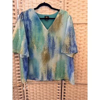 Jm Collection Elbow Length Flutter Sleeve Printed Blouse XL Blue Toned Printed - Thumbnail 2