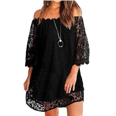 MIHOLL Off The Shoulder Lace Shift Loose Mini Dress Black L Flowy Straight Cut - Thumbnail 2