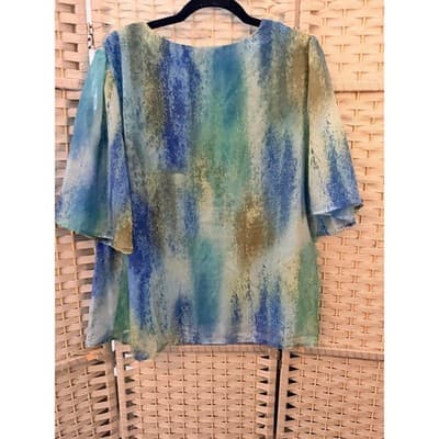 Jm Collection Elbow Length Flutter Sleeve Printed Blouse XL Blue Toned Printed - Thumbnail 7
