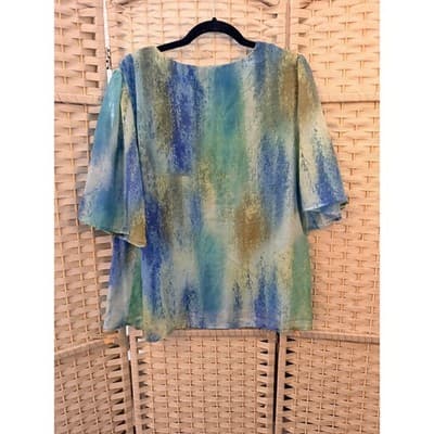 Jm Collection Elbow Length Flutter Sleeve Printed Blouse XL Blue Toned Printed - Thumbnail 6