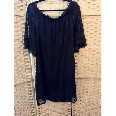 MIHOLL Off The Shoulder Lace Shift Loose Mini Dress Black L Flowy Straight Cut - Thumbnail 12