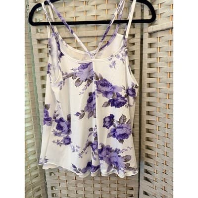 SHEIN Floral Spaghetti Strap Tank Top White Lilac Purple Flowy Women’s Large - Thumbnail 11